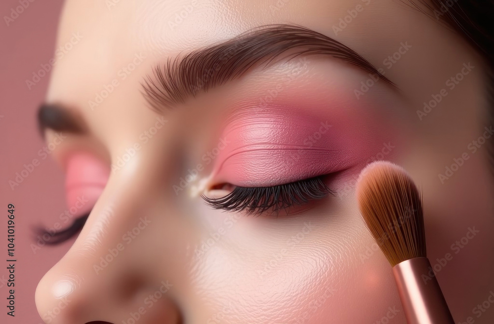 Close-up of a beautiful girl applying pink eyeshadow with a soft brush on the eyelid Close-up of a beautiful girl applying pink eyeshadow with a soft brush on the eyelid