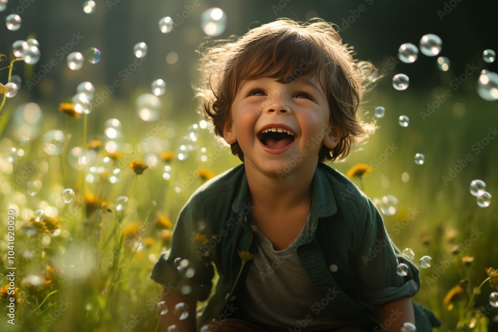 A child joyfully chasing bubbles in a bright, sunny meadow of flowers and greenery A child joyfully chasing bubbles in a bright, sunny meadow of flowers and greenery