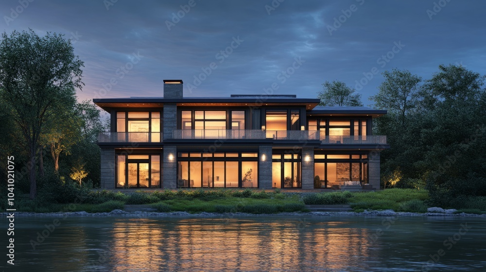3D rendering of a contemporary home set by the river at twilight, with lights glowing from inside and outside. 3D rendering of a contemporary home set by the river at twilight, with lights glowing from inside and outside.