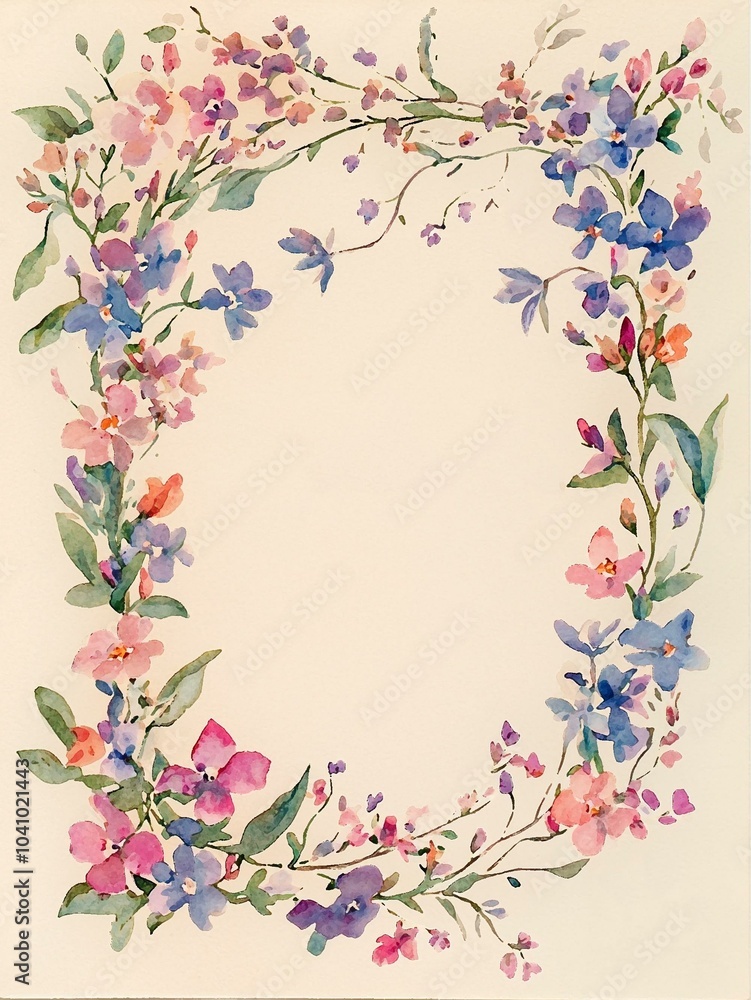 Floral Frame with Lilac and Pink Flowers in Soft Pastel Colors on Cream Paper Design Floral Frame with Lilac and Pink Flowers in Soft Pastel Colors on Cream Paper Design