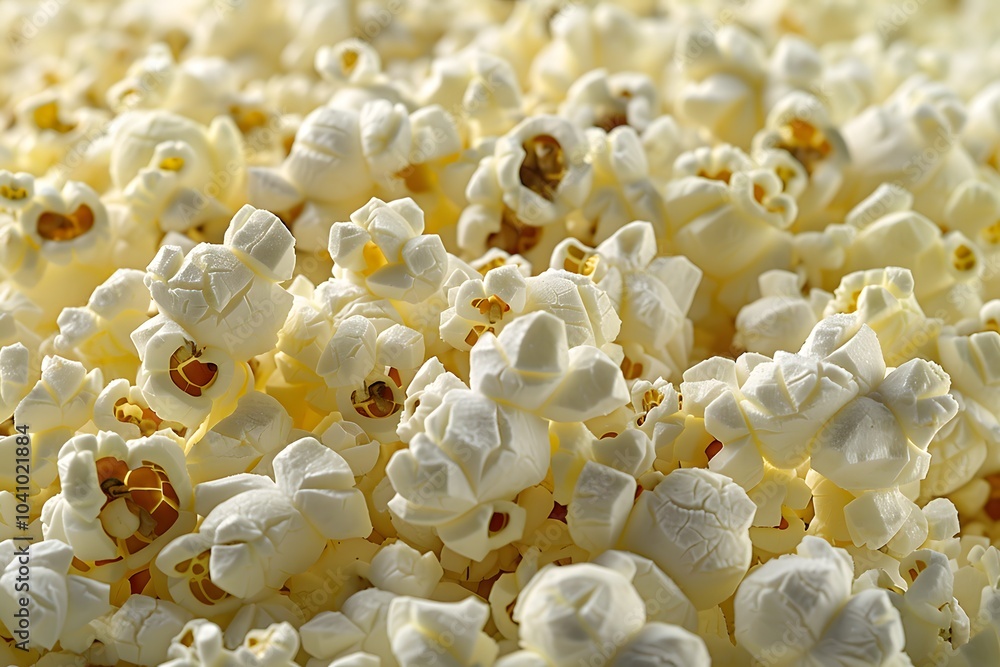 A close-up view of fluffy, popped popcorn kernels stacked together. A close-up view of fluffy, popped popcorn kernels stacked together.