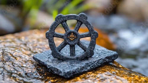 Dharma Wheel Stone Sculpture  Buddhist Symbol  Meditation  Mindfulness  Zen  Serenity photo