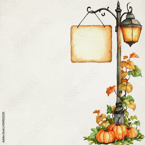Watercolor Old-Fashioned Street Lamp with Vines, Pumpkins, and Blank Signs
