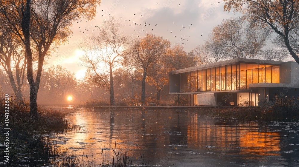 Obraz premium A riverbank modern house rendered in 3D, illuminated by soft lights, with a backdrop of trees and a setting sun.
