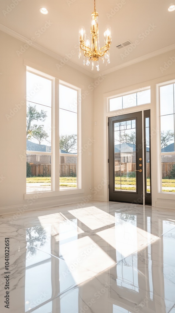 Fototapeta premium Elegant Modern Entrance with Luxurious Chandelier and Bright Natural Light Filtering In