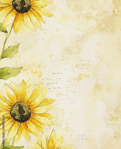 Whimsical Watercolor Sunflowers with Vintage Beige Newsprint