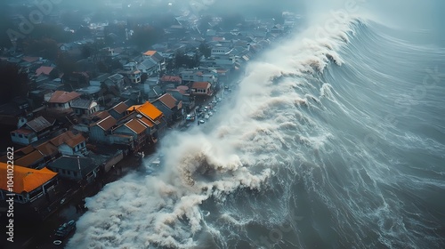 An aerial view of a massive tsunami wave approaching a harbor, with boats being tossed in the turbulent waters, and buildings on the shore bracing for impact