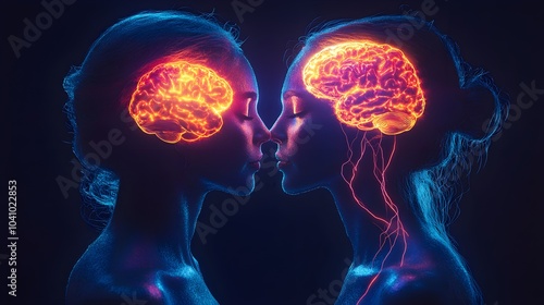 Two lovers with glowing neon brains, connected by electric energy lines, symbolizing the vibrant intensity of their relationship