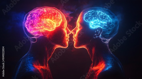 Two lovers with glowing neon brains, connected by electric energy lines, symbolizing the vibrant intensity of their relationship