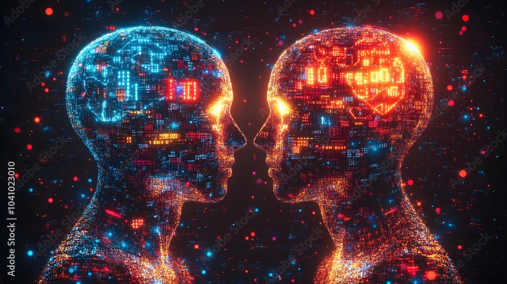 Two silhouetted heads with illuminated brain pathways, connected by glowing binary code, futuristic setting with neon lights, 3D Render, Sci-Fi Two silhouetted heads with illuminated brain pathways, connected by glowing binary code, futuristic setting with neon lights, 3D Render, Sci-Fi