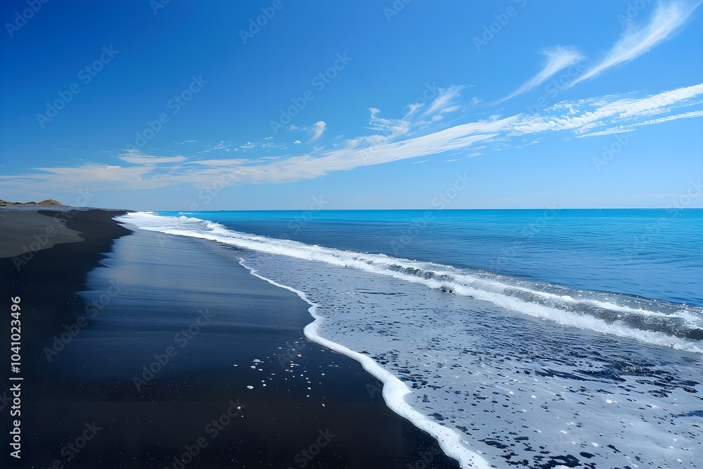 A large body of water next to a sandy beach A large body of water next to a sandy beach