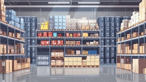 A large warehouse with numerous items. Rows of shelves with boxes. Logistics. Inventory control, order fulfillment or space optimization. Illustration for advertising, marketing or presentation.