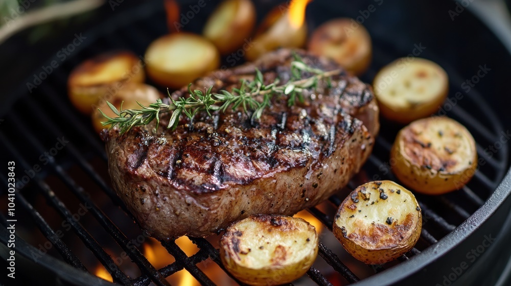 Grilled Steak and Potatoes on a BBQ Grilled Steak and Potatoes on a BBQ