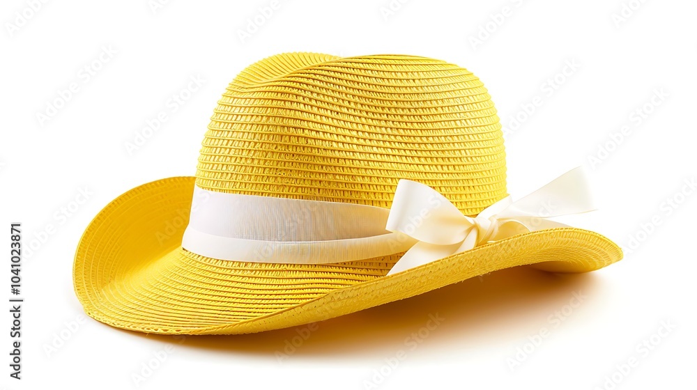Charming yellow straw hat adorned with a flower, set against a white background Charming yellow straw hat adorned with a flower, set against a white background