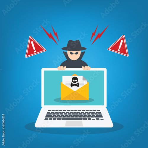 Hacker, Cyber criminal with laptop stealing user personal data. Hacker attack and web security. Internet phishing and spam concept. Hacker in black with laptop trying to cyber attack.	