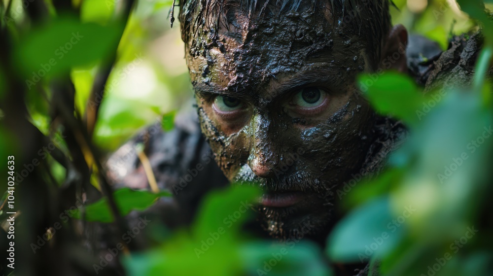 Wild Man Covered in Mud and Leaves Emerging from Nature Wild Man Covered in Mud and Leaves Emerging from Nature