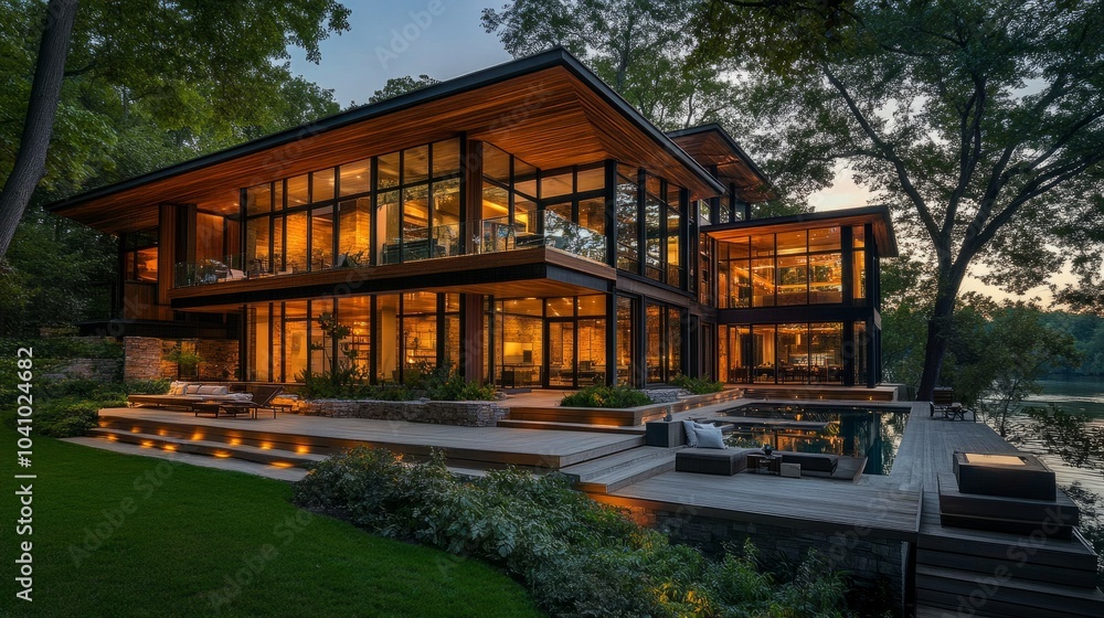 Evening view of a modern riverside house, featuring wooden accents, expansive glass walls, and outdoor terraces Evening view of a modern riverside house, featuring wooden accents, expansive glass walls, and outdoor terraces
