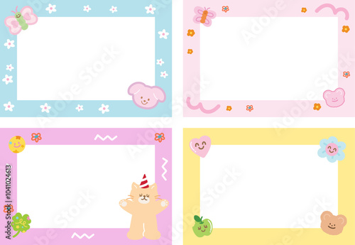 Cute pastel frame set with cat, party hat, puppy, teddy bear, clover leaf, butterfly, apple, heart for background, wallpaper, backdrop, polaroid frame, photo card, banner, rectangle ad template, print