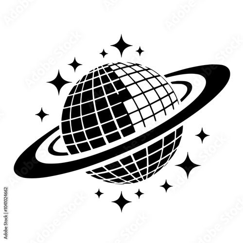 Disco Ball Planet with Rings and Stars Graphic, Black-and-white graphic illustration of a disco ball styled like a planet with rings, accompanied by sparkling stars, blending space and nightlife them
