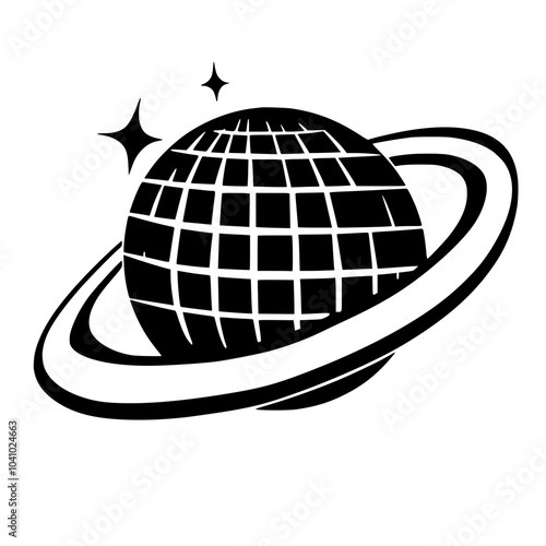 Disco Ball Planet with Rings and Stars Graphic, Black-and-white graphic illustration of a disco ball styled like a planet with rings, accompanied by sparkling stars, blending space and nightlife them
