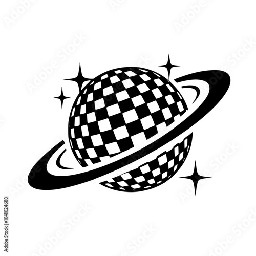 Disco Ball Planet with Rings and Stars Graphic, Black-and-white graphic illustration of a disco ball styled like a planet with rings, accompanied by sparkling stars, blending space and nightlife them
