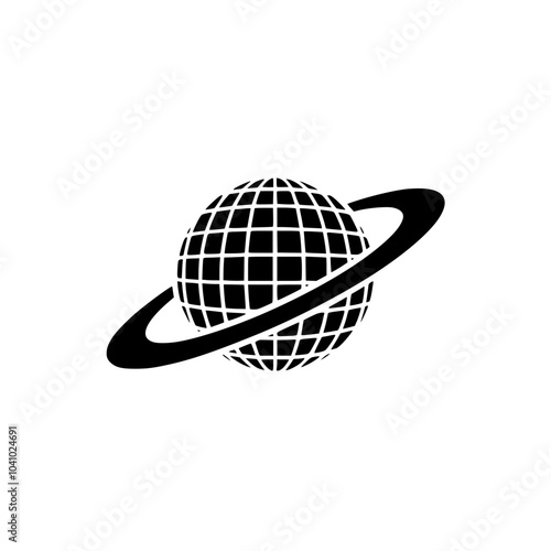 Disco Ball Planet with Rings and Stars Graphic, Black-and-white graphic illustration of a disco ball styled like a planet with rings, accompanied by sparkling stars, blending space and nightlife them
