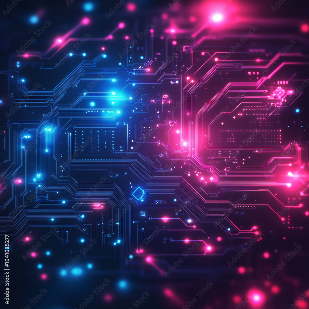 A computer chip with a blue and pink background. The blue and pink colors are bright and vibrant, giving the image a lively and energetic feel. The computer chip is surrounded by a sea of tiny lights A computer chip with a blue and pink background. The blue and pink colors are bright and vibrant, giving the image a lively and energetic feel. The computer chip is surrounded by a sea of tiny lights