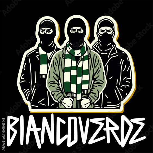 Illustration vector of Group Green White football fans Ultras hooligans  standing