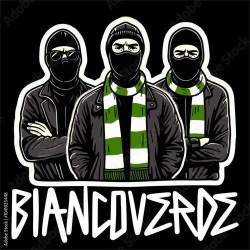 Illustration vector of Group Green White football fans Ultras hooligans  standing
