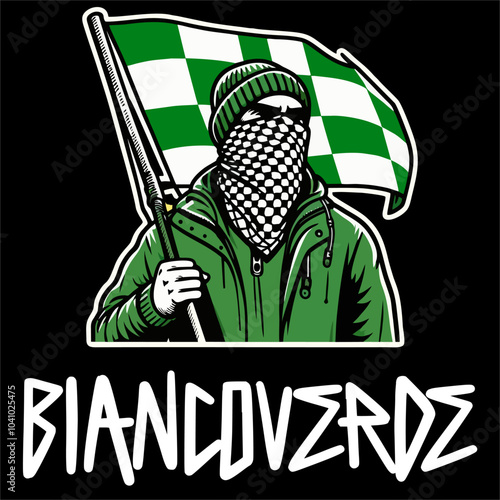 Illustration Vector Football Fans ultras hooligan style  Hold Green White Flag design for t-shirt, sticker, etc