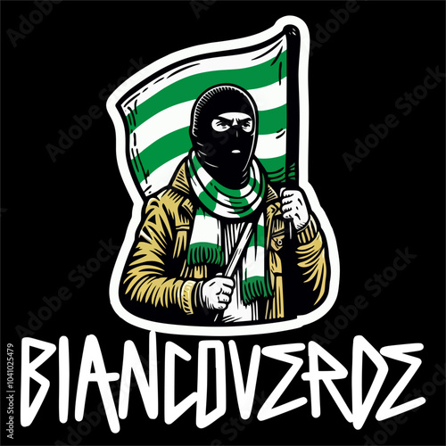 Illustration Vector Football Fans ultras hooligan style  Hold Green White Flag design for t-shirt, sticker, etc