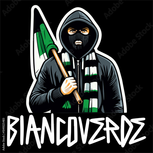 Illustration Vector Football Fans ultras hooligan style  Hold Green White Flag design for t-shirt, sticker, etc