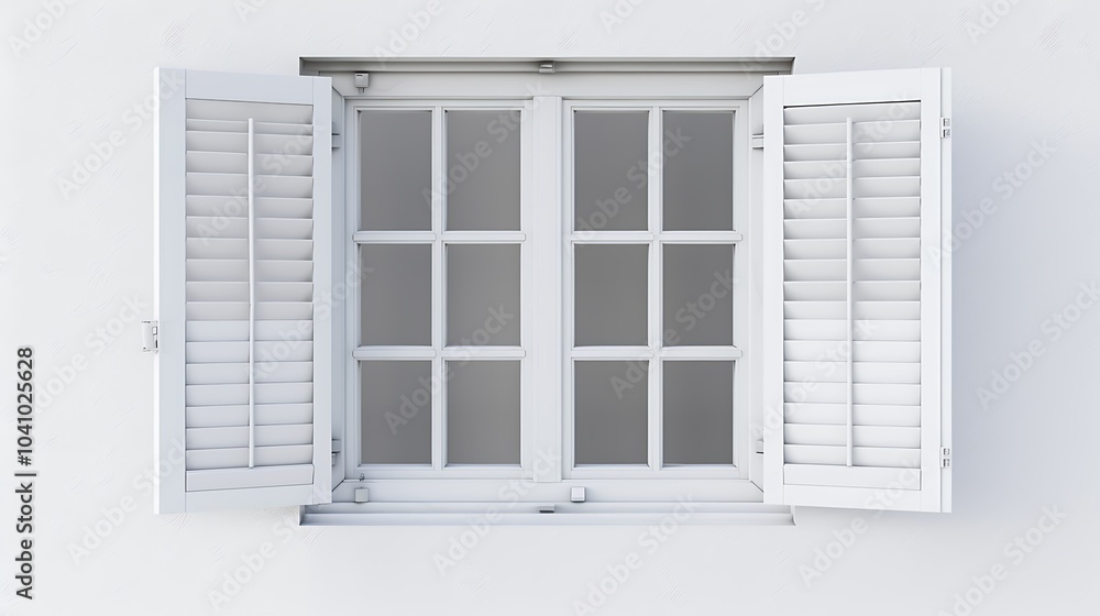 Elegant white window set against a neutral wall, allowing natural light to filter through Elegant white window set against a neutral wall, allowing natural light to filter through