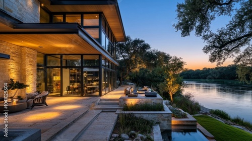 Stylish contemporary home beside a tranquil river at dusk, showcasing large windows and a cozy outdoor seating area.