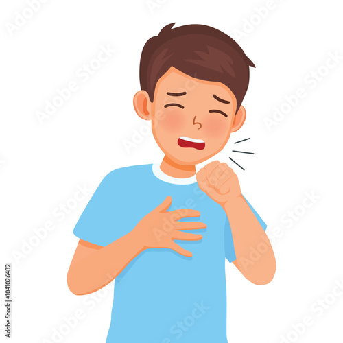 Sick young man coughing because of cold, fever, bronchitis, asthma, allergy and respiratory diseases symptoms
