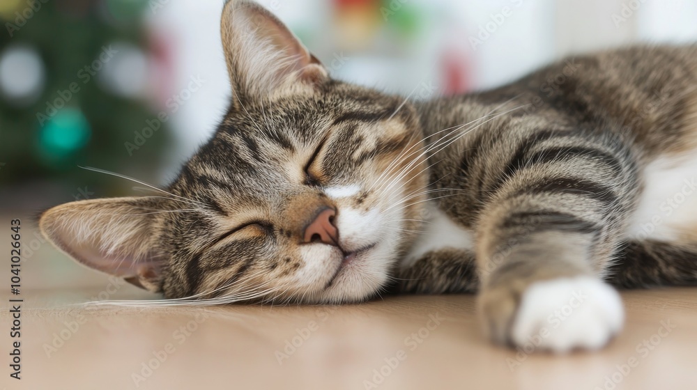 Fototapeta premium Sleeping Tabby Cat with White Paw Close up