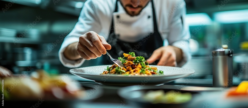 Chef Finishing a Dish with a Fork in a Restaurant Kitchen Chef Finishing a Dish with a Fork in a Restaurant Kitchen