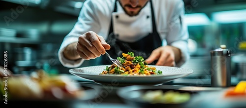 Chef Finishing a Dish with a Fork in a Restaurant Kitchen