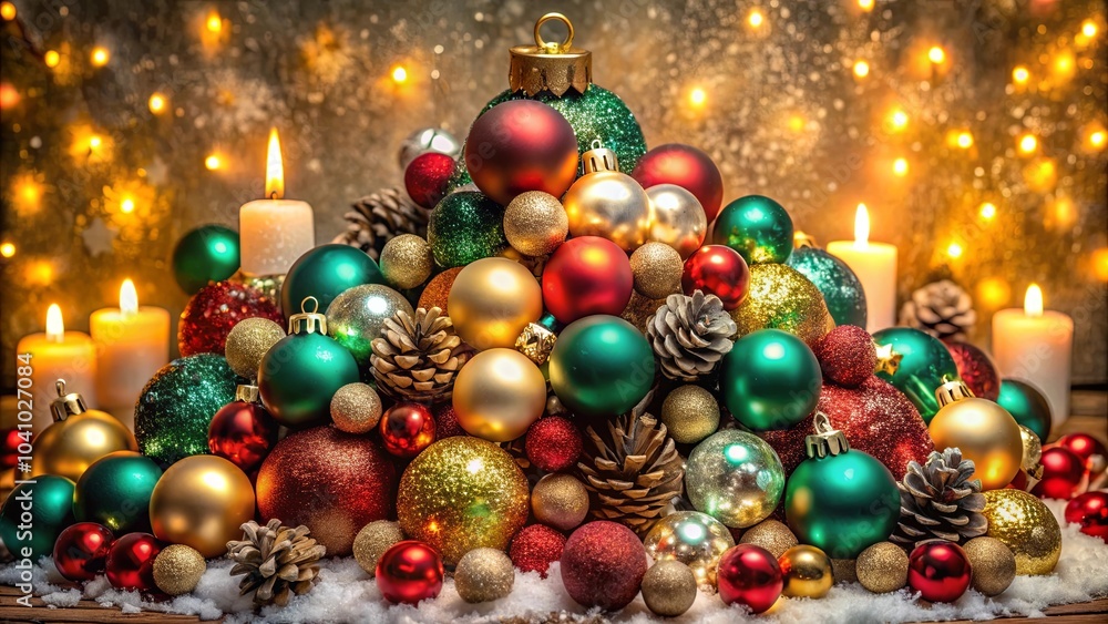 A Festive Arrangement of Sparkling Baubles, Pinecones, and Candles in a Warm and Cozy Setting A Festive Arrangement of Sparkling Baubles, Pinecones, and Candles in a Warm and Cozy Setting