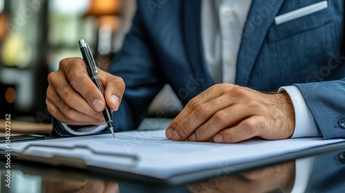 Businessman leafing through documents and signing contract for business deal at work in office closeup