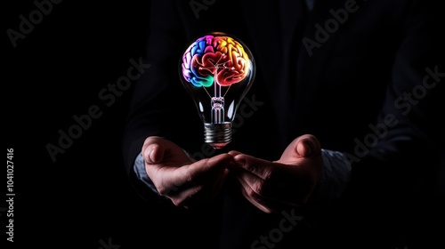 Brain Power and Innovation: A Man Holds a Lightbulb with a Colorful Brain Inside