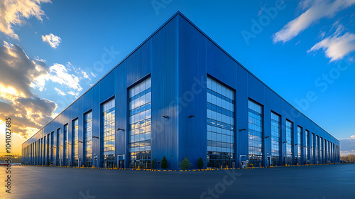 Photograph of an Industrial Building with Blue Walls and a Concrete Foreground – Modern Factory Exterior Architecture. 