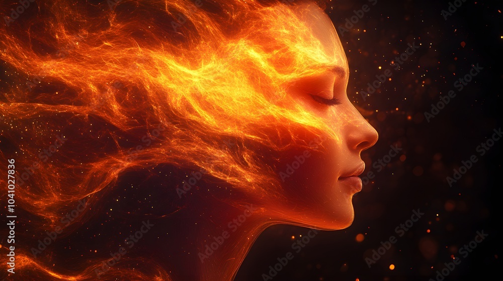 A fiery blend of orange and red faces merging into one, with glowing light trails symbolizing intense passion and emotional warmth, futuristic, fiery tones, 3D illustration, abstract relationship A fiery blend of orange and red faces merging into one, with glowing light trails symbolizing intense passion and emotional warmth, futuristic, fiery tones, 3D illustration, abstract relationship