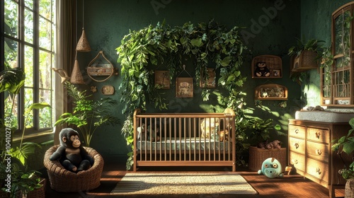 Jungle-themed nursery with lush greenery rattan furniture and animal toys photo