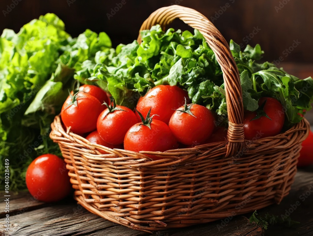 Freshly Harvested Tomatoes and Greens in a Rustic Basket Surrounded by Nature's Bounty Freshly Harvested Tomatoes and Greens in a Rustic Basket Surrounded by Nature's Bounty
