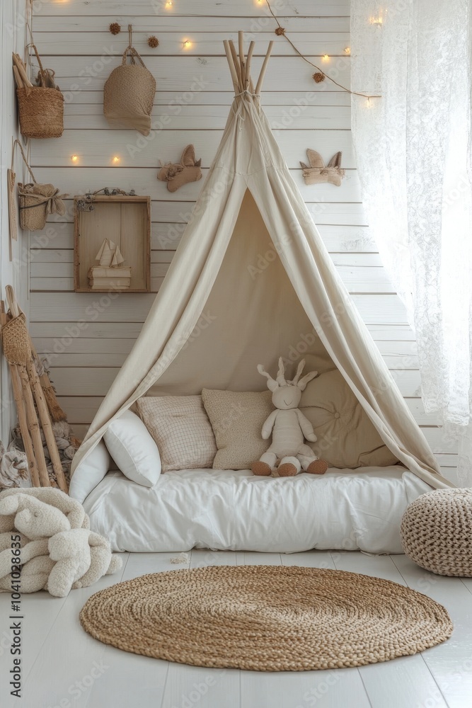 White cozy children room interior background, wall mockup, 3D render, Generative AI White cozy children room interior background, wall mockup, 3D render, Generative AI