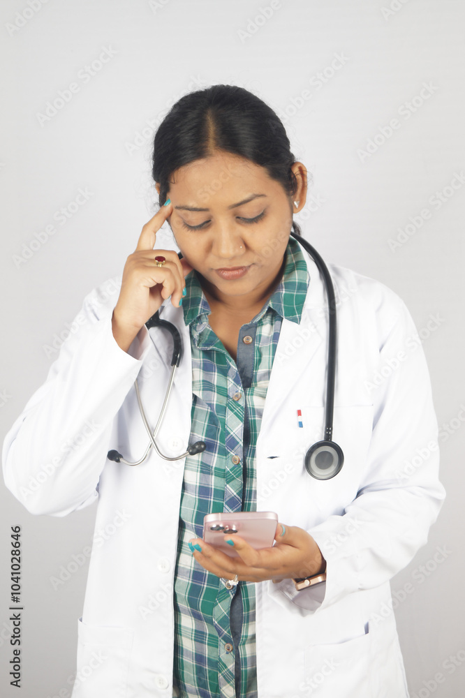 female Doctor Thinking and Use Smart phone in Office. Doctor or Physician Serious Thinking and Using Smart phone or Mobile Phone to Check Patient Healthcare in Medical Doctor Room female Doctor Thinking and Use Smart phone in Office. Doctor or Physician Serious Thinking and Using Smart phone or Mobile Phone to Check Patient Healthcare in Medical Doctor Room