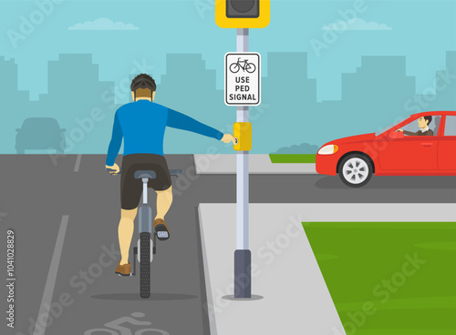 "Bicyclists, use ped signal" road sign. Cyclist stops and pushes the pedestrian signal button at intersection. Back view. Flat vector illustration template.