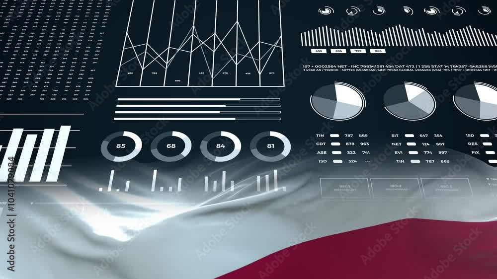 Poland flag - Waving flag on report analytics data statement Poland flag - Waving flag on report analytics data statement