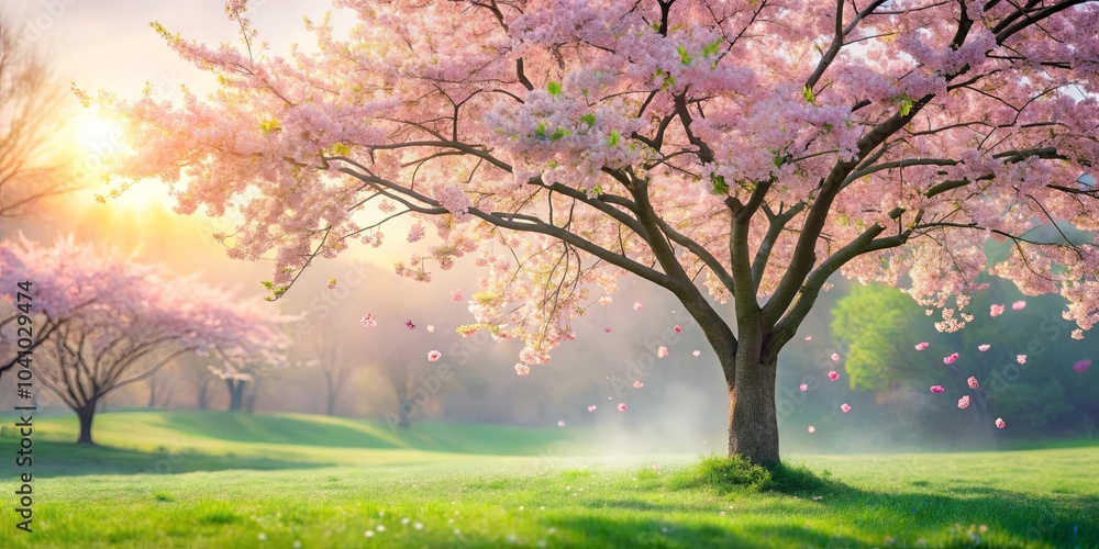 Naklejka premium A single cherry blossom tree stands in a lush green meadow, its delicate pink petals falling like a gentle rain, bathed in the golden glow of the morning sun.